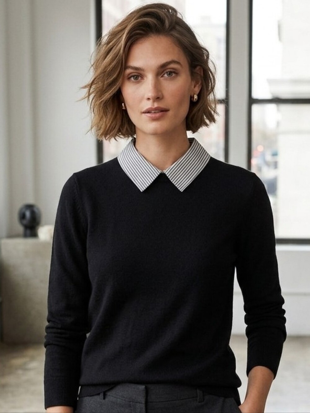 J. Crew Black Sweater with Striped Collar